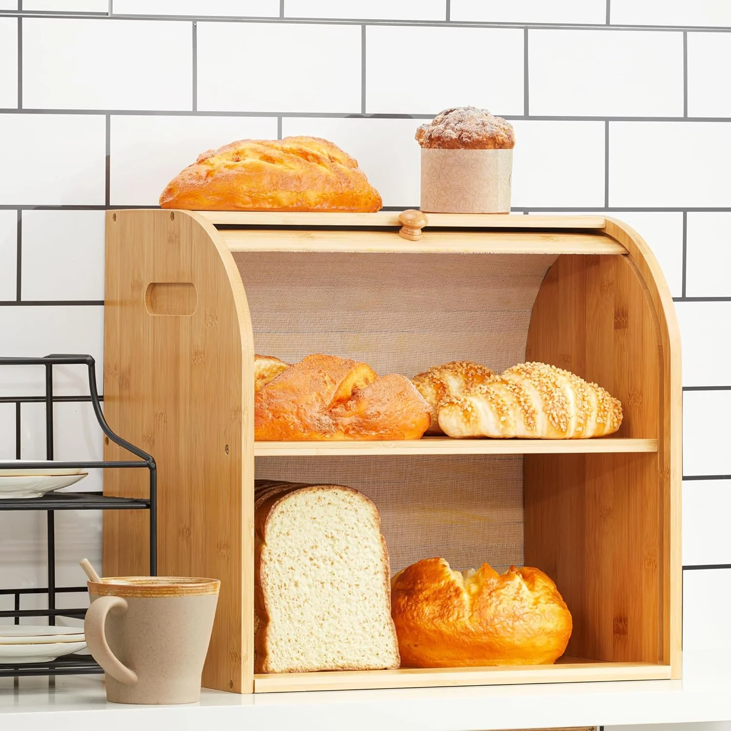 CARLA HOME Large Bamboo Bread Box Storage Organiser with Roll Top for Kitchen Counter - Image 2