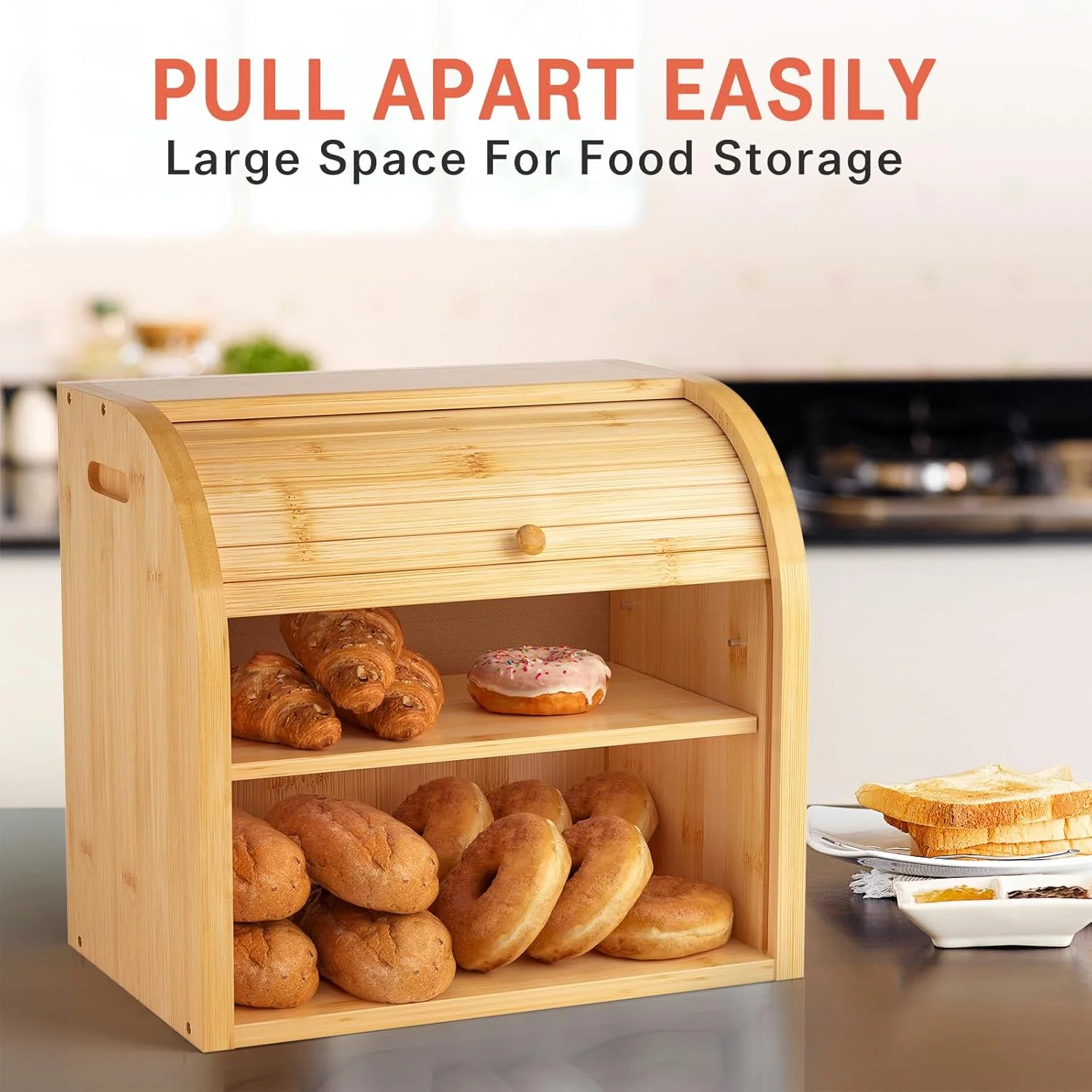 CARLA HOME Large Bamboo Bread Box Storage Organiser with Roll Top for Kitchen Counter - Image 3