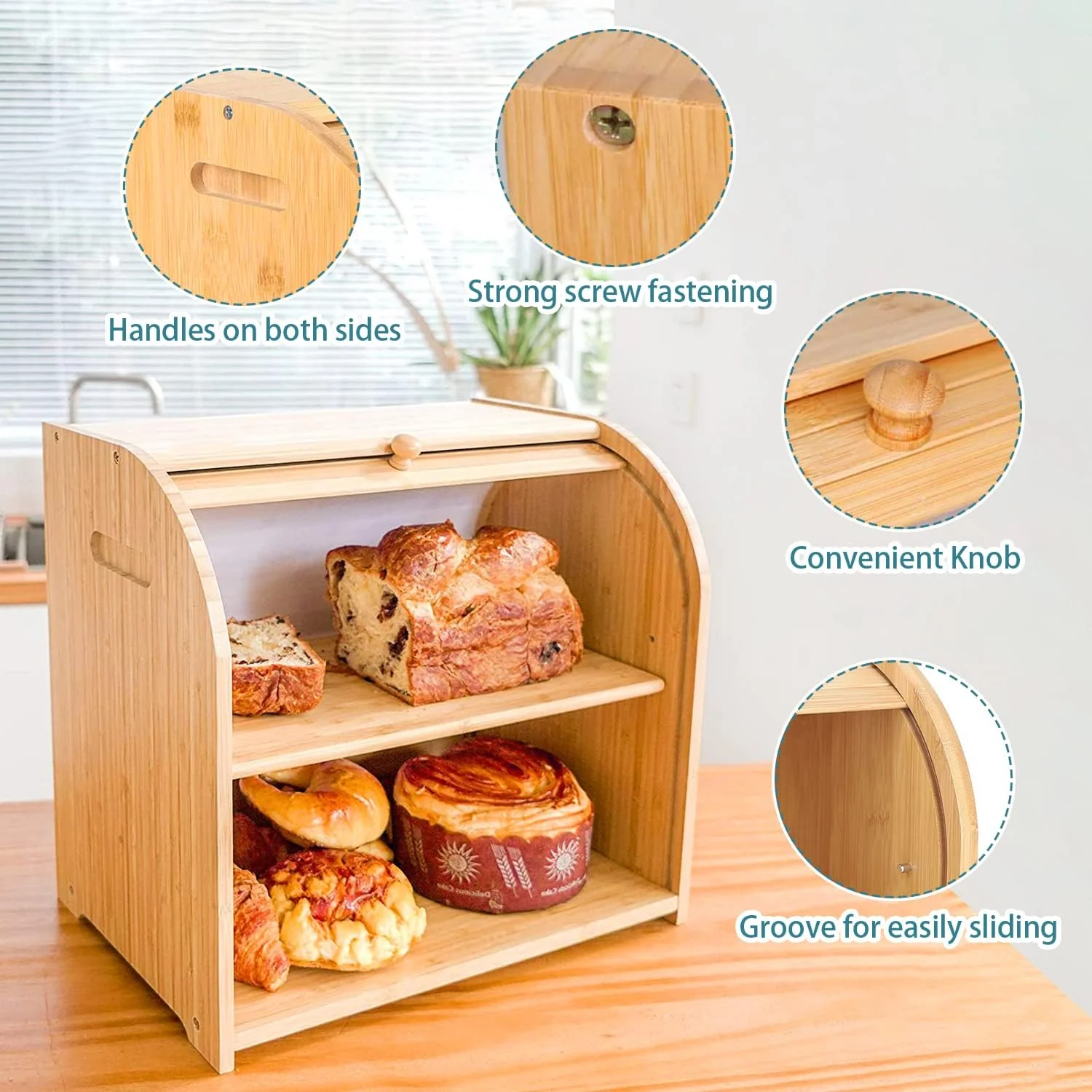 CARLA HOME Large Bamboo Bread Box Storage Organiser with Roll Top for Kitchen Counter - Image 4