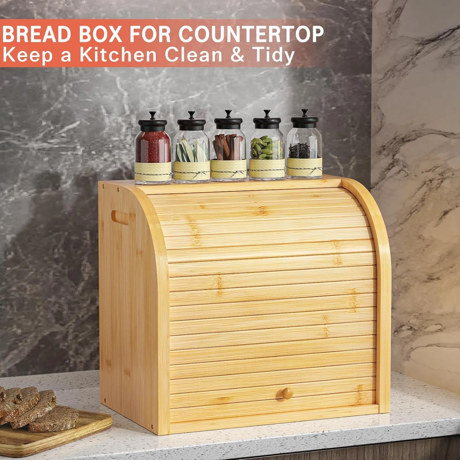 CARLA HOME Large Bamboo Bread Box Storage Organiser with Roll Top for Kitchen Counter - Image 5