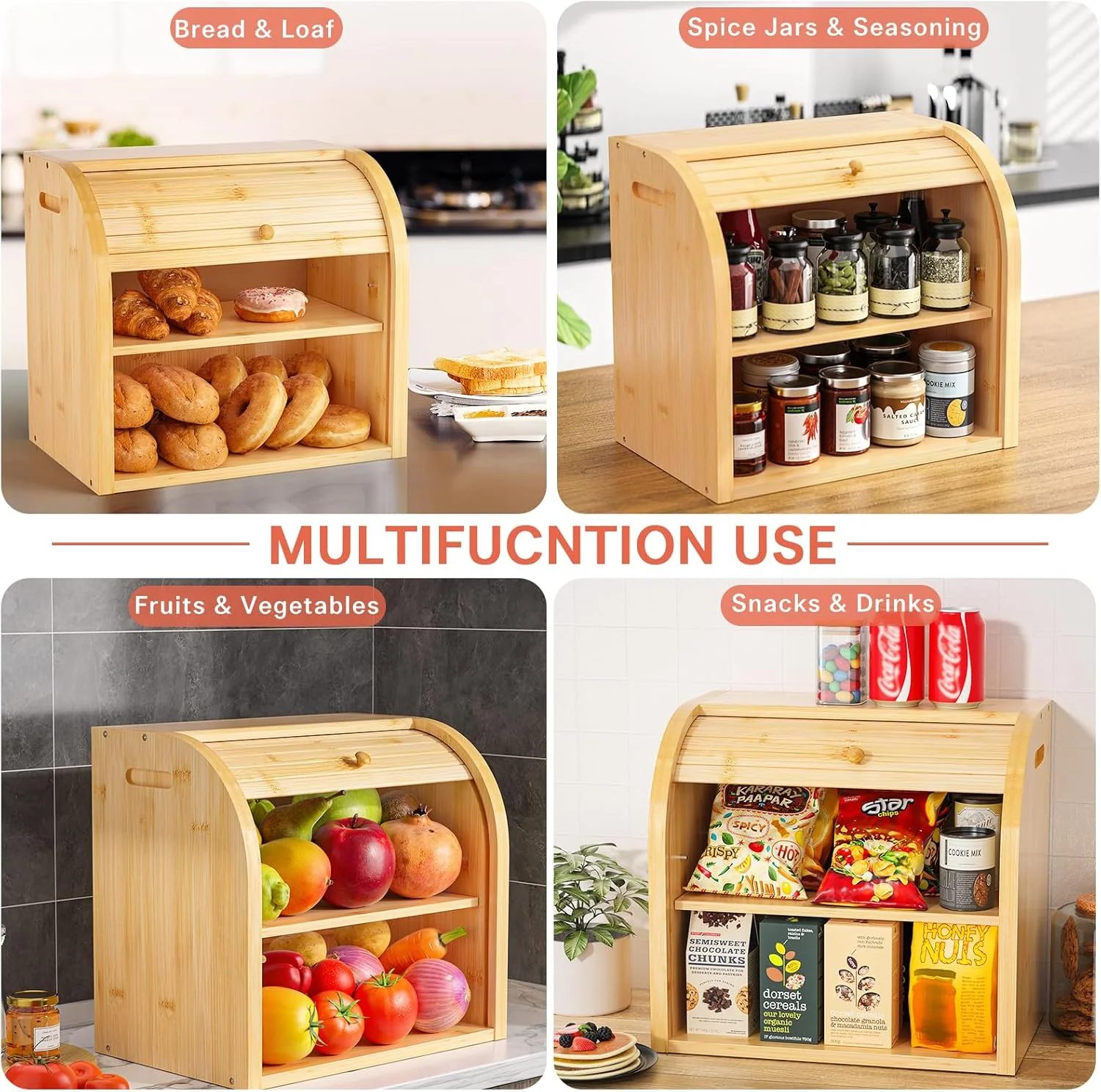 CARLA HOME Large Bamboo Bread Box Storage Organiser with Roll Top for Kitchen Counter - Image 6