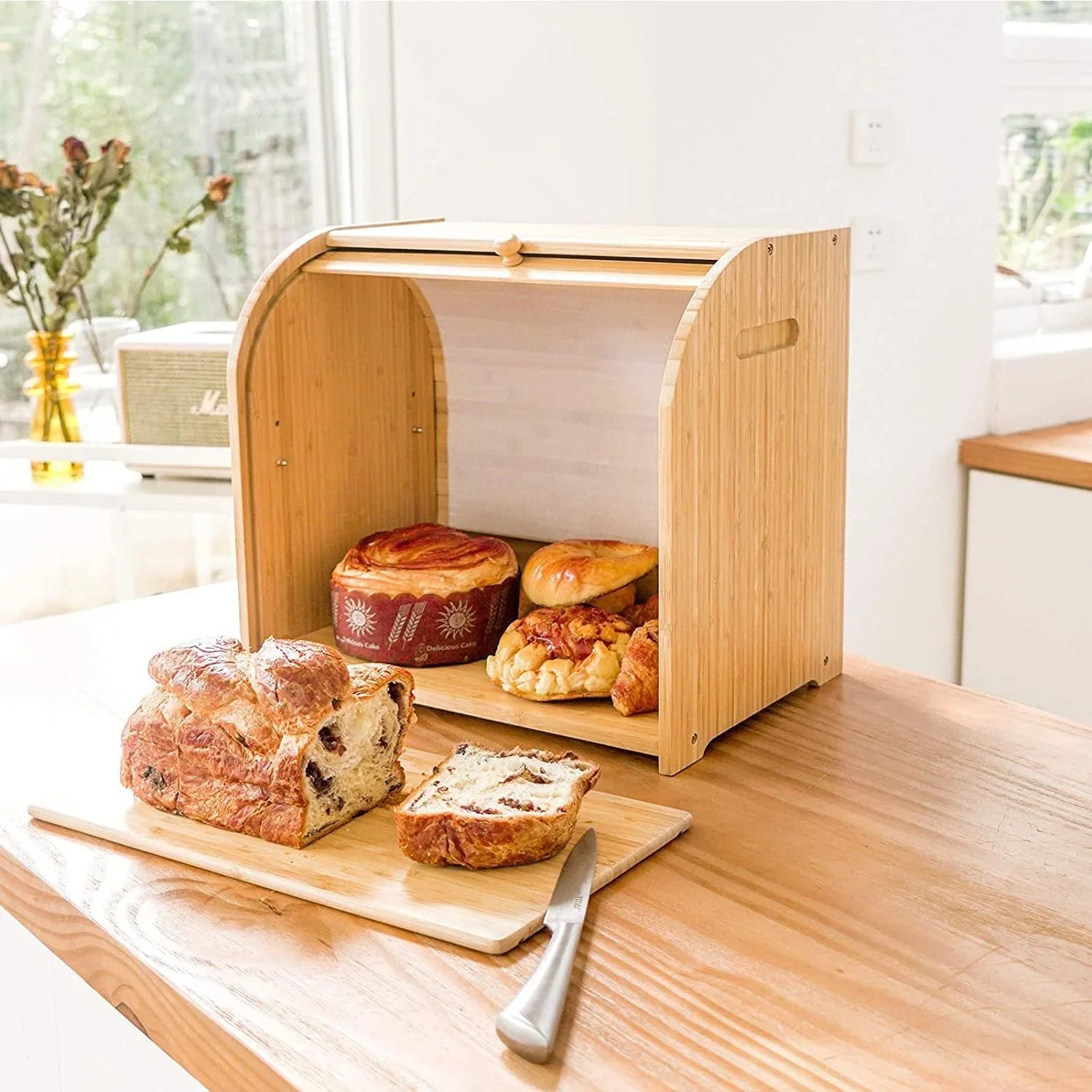 CARLA HOME Large Bamboo Bread Box Storage Organiser with Roll Top for Kitchen Counter - Image 7