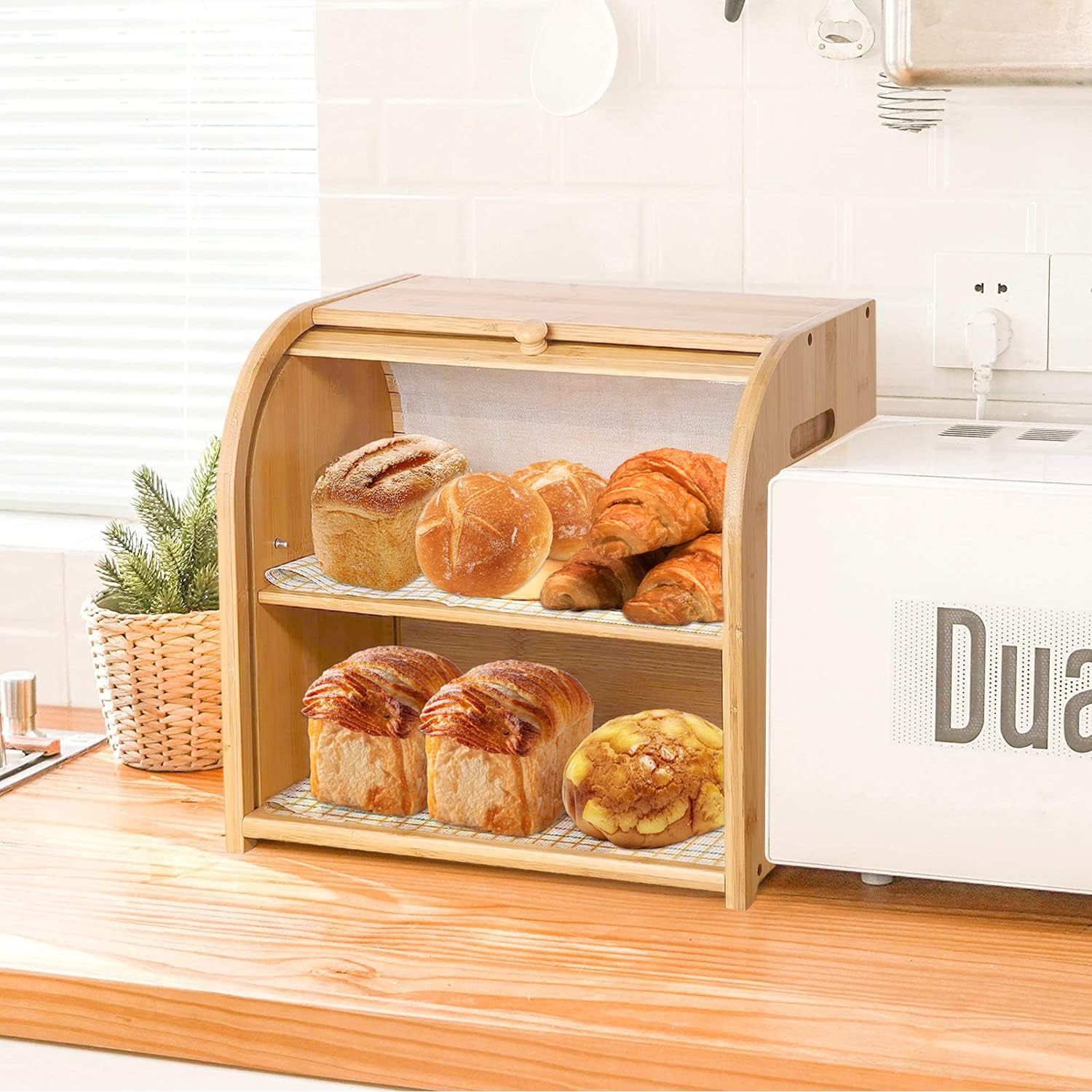 CARLA HOME Large Bamboo Bread Box Storage Organiser with Roll Top for Kitchen Counter - Image 8