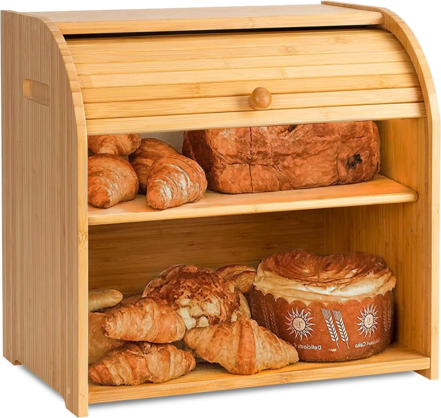 CARLA HOME Large Bamboo Bread Box Storage Organiser with Roll Top for Kitchen Counter - Image 9