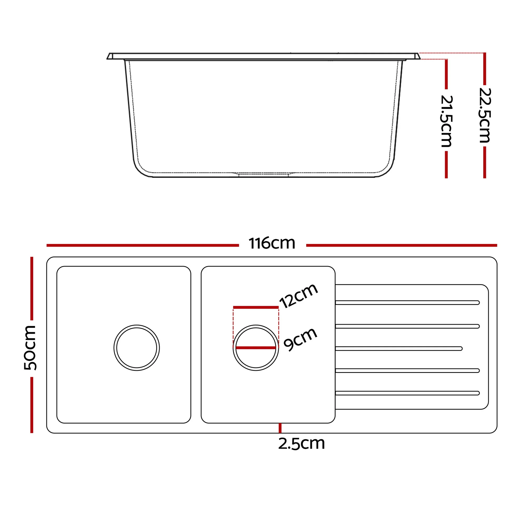 Cefito Kitchen Sink 116x50cm Granite Stone Sink Double Bowl Black - Image 2