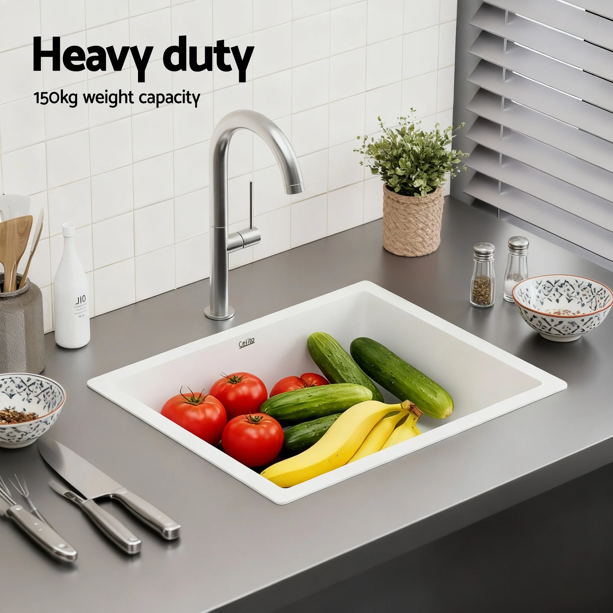 Cefito Kitchen Sink 38x38cm Granite Stone Sink Single Bowl White - Image 5