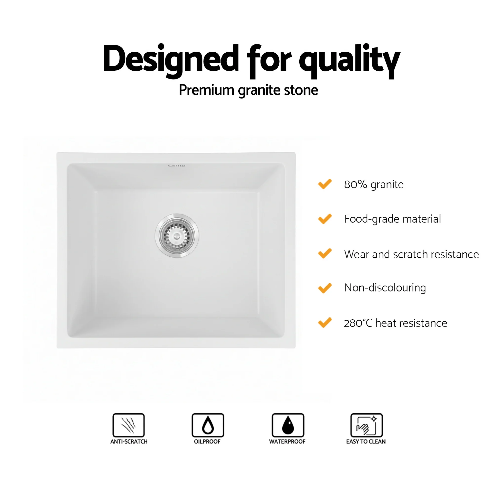 Cefito Kitchen Sink 55x45cm Granite Stone Sink Single Bowl White - Image 5