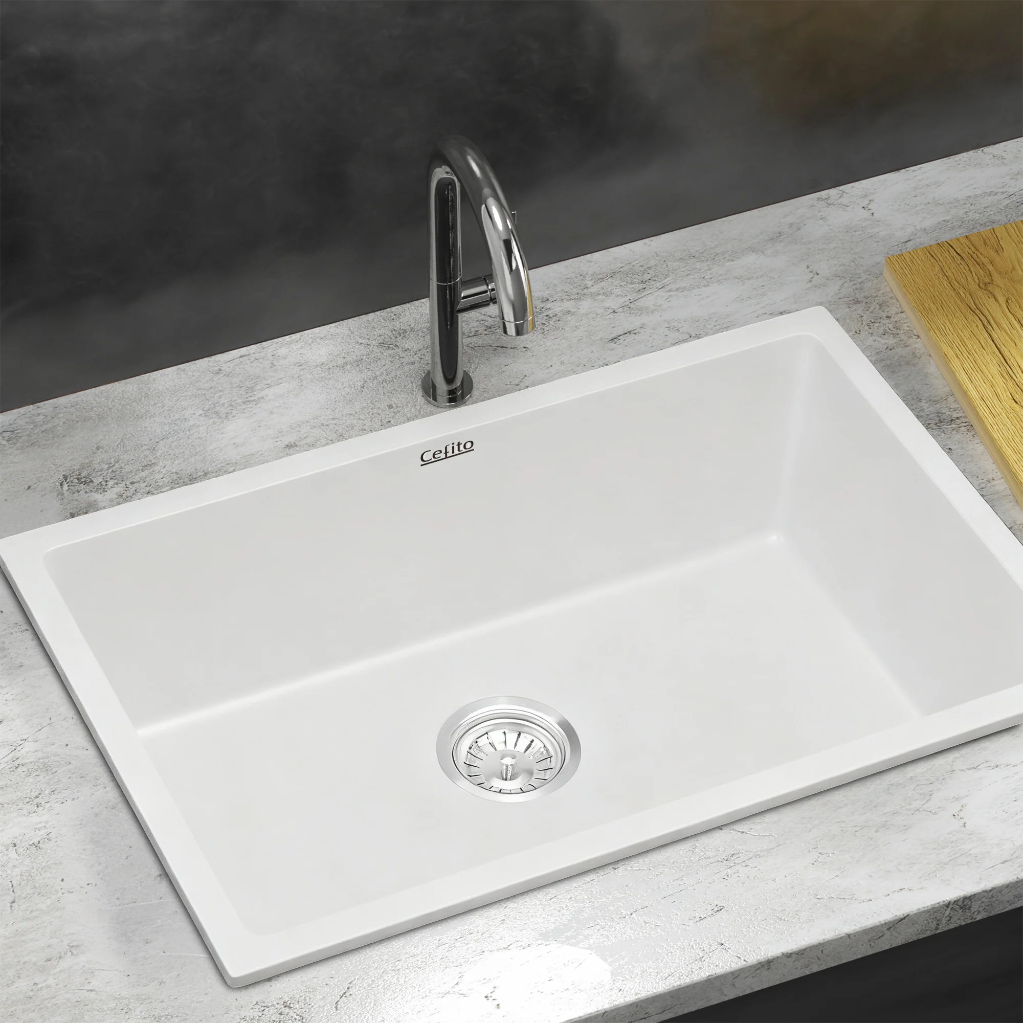 Cefito Kitchen Sink 70x45cm Granite Stone Sink Single Bowl White - Image 7