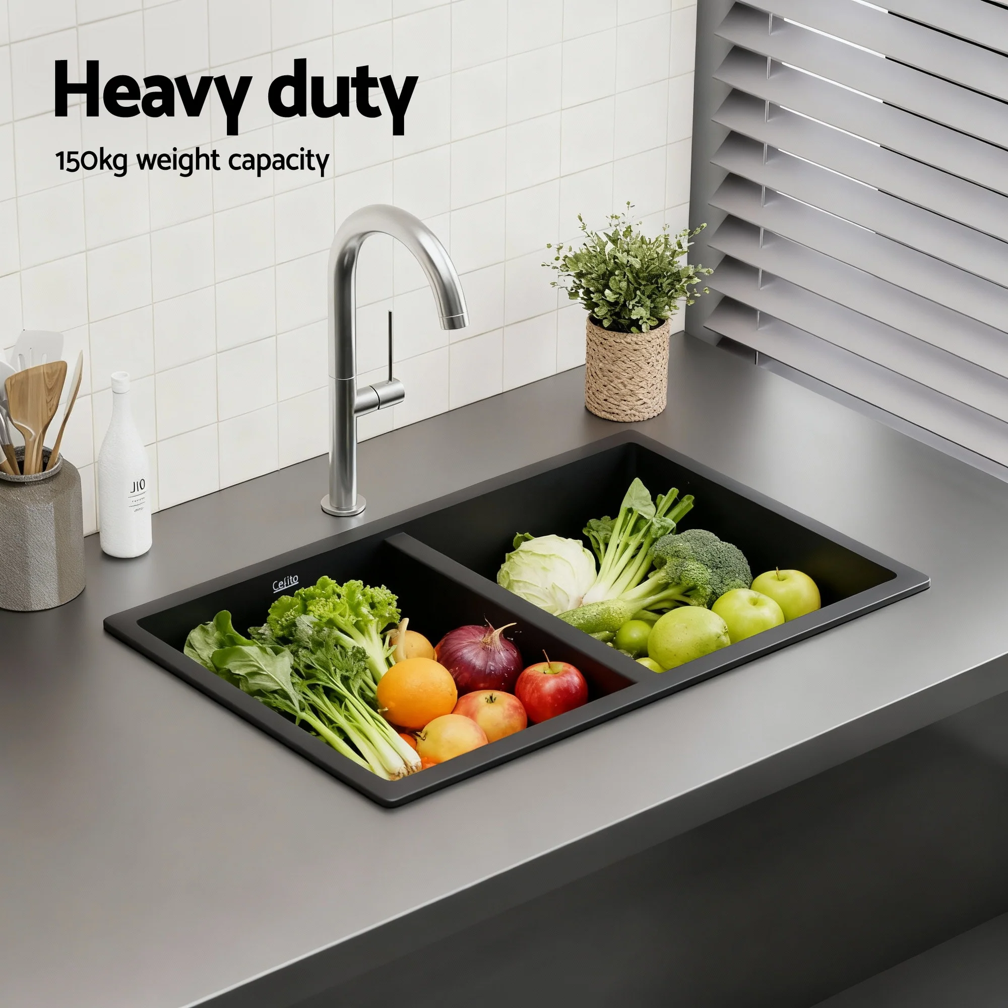 Cefito Kitchen Sink 77x45cm Granite Stone Sink Double Bowl Black - Image 5