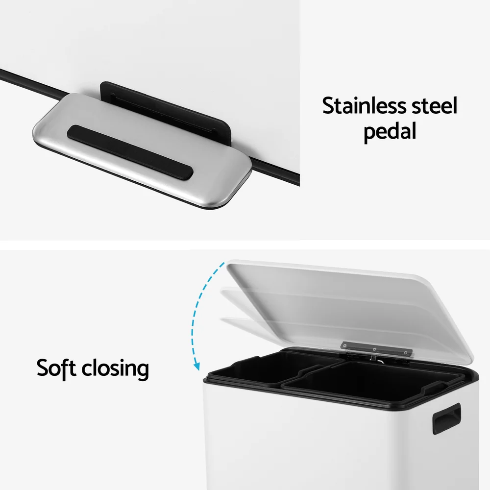 Cefito Pedal Bins Rubbish Bin Dual Compartment Waste Recycle Dustbins 40L White - Image 6