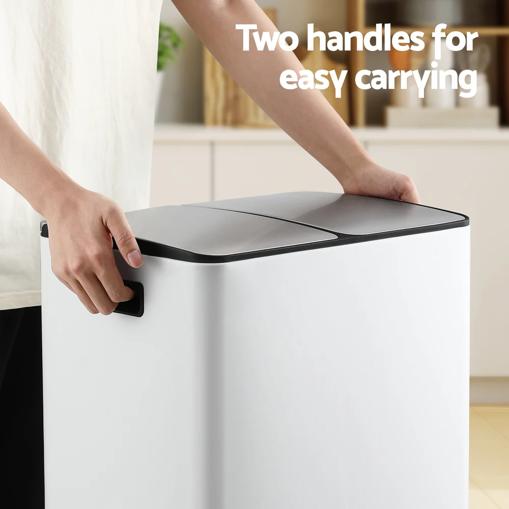 Cefito Pedal Bins Rubbish Bin Dual Compartment Waste Recycle Dustbins 60L White - Image 5