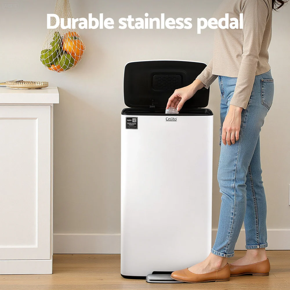 Cefito Pedal Bins Rubbish Bin Waste Recycle Dustbins Kitchen Trash Can 40L White - Image 4