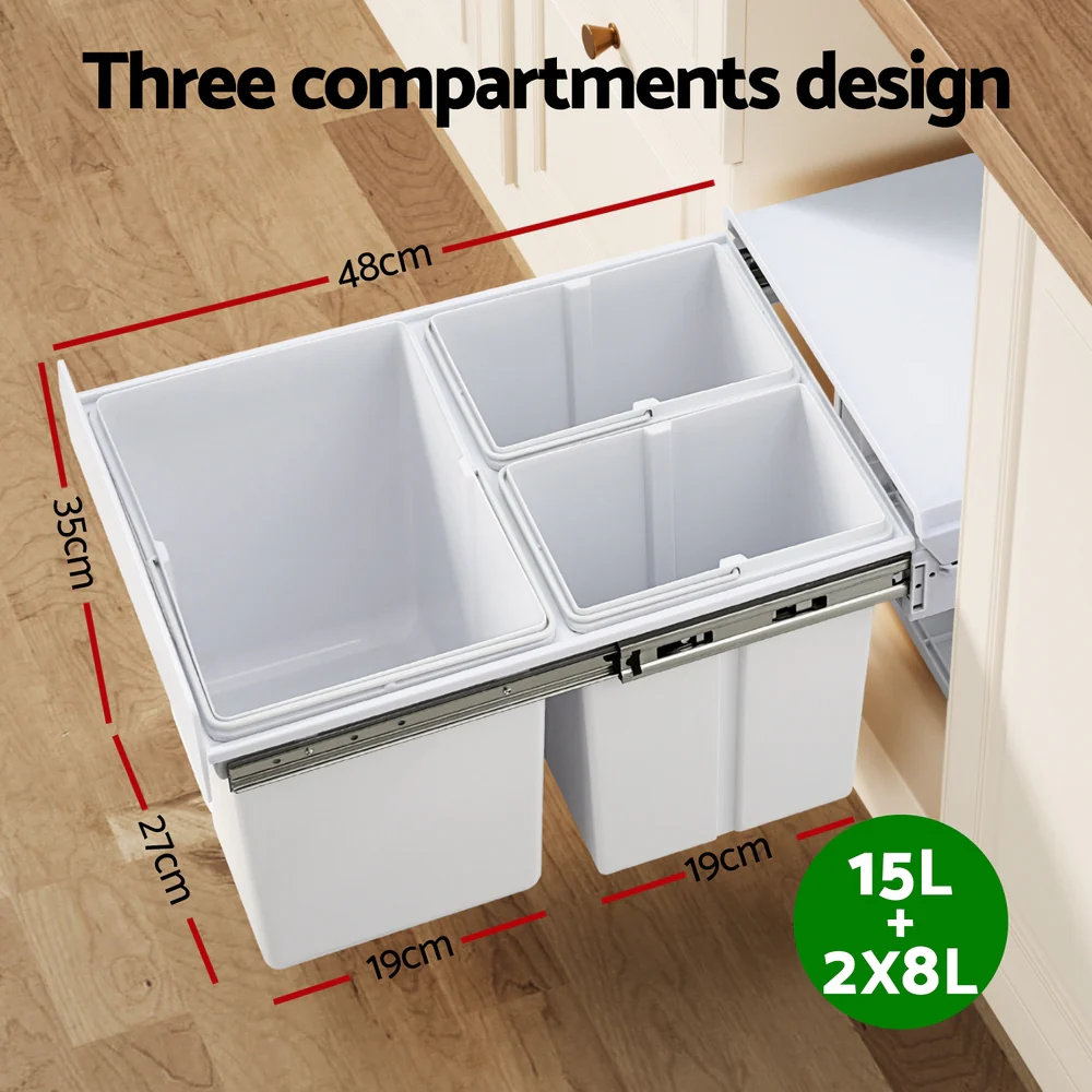 Cefito Pull Out Bin Kitchen Triple Slide Garbage Rubbish Bins Basket White 31L - Image 4