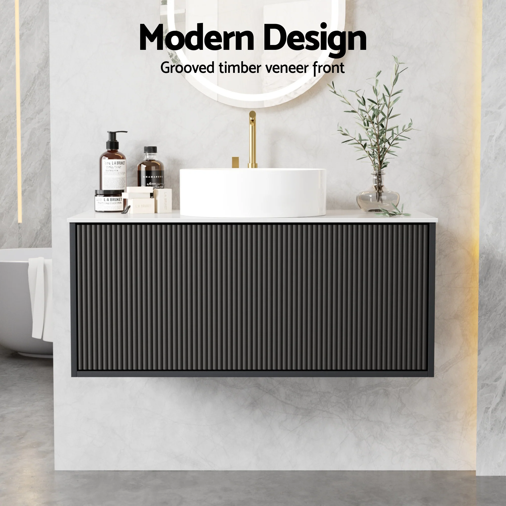 Cefito Vanity Unit 900mm Bathroom Cabinet Storage Wall Hung Grooved Timber Black - Image 5