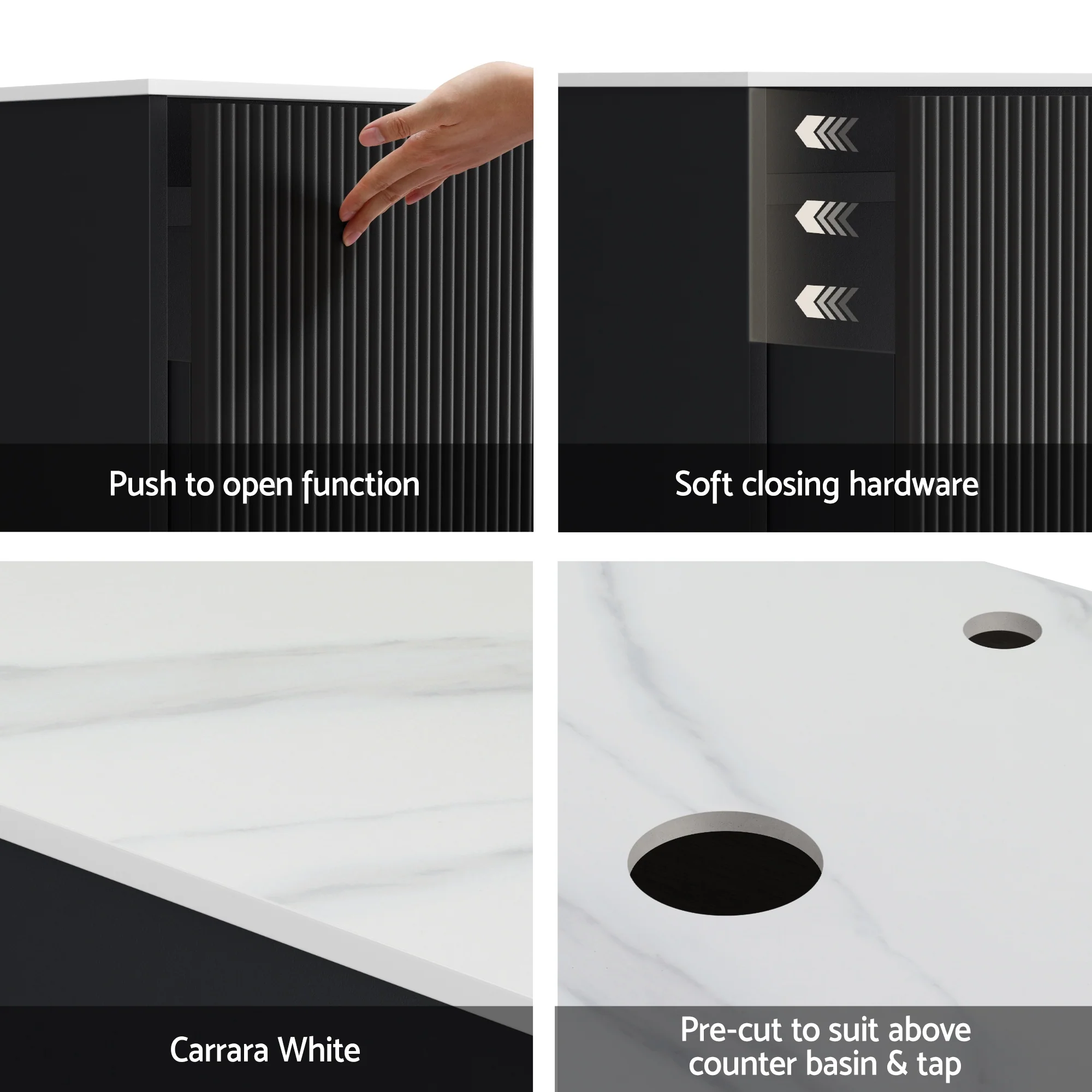 Cefito Vanity Unit 900mm Bathroom Cabinet Storage Wall Hung Grooved Timber Black - Image 7