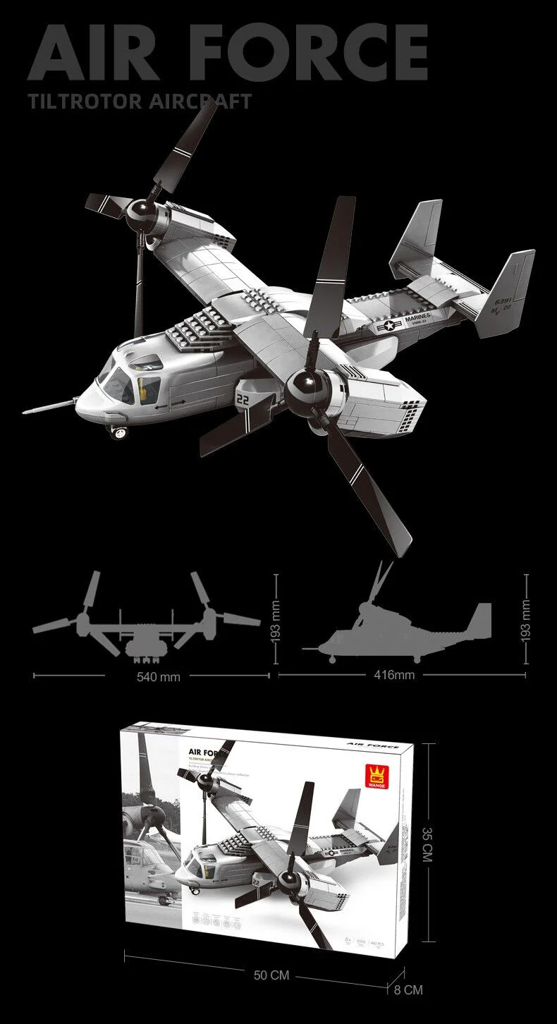 Christmas gift US Osprey Tiltrotor Aircraft Building Blocks Set, 460 Pieces Military Transport Model Kit for Kids Aged 6+ & Enthusiasts(Osprey tiltrotor aircraft) - Image 3