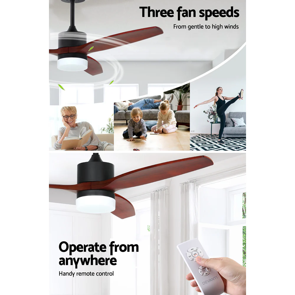 Devanti 52'' Ceiling Fan AC Motor 3 Blades w/Light - Dark Wood - Image 5