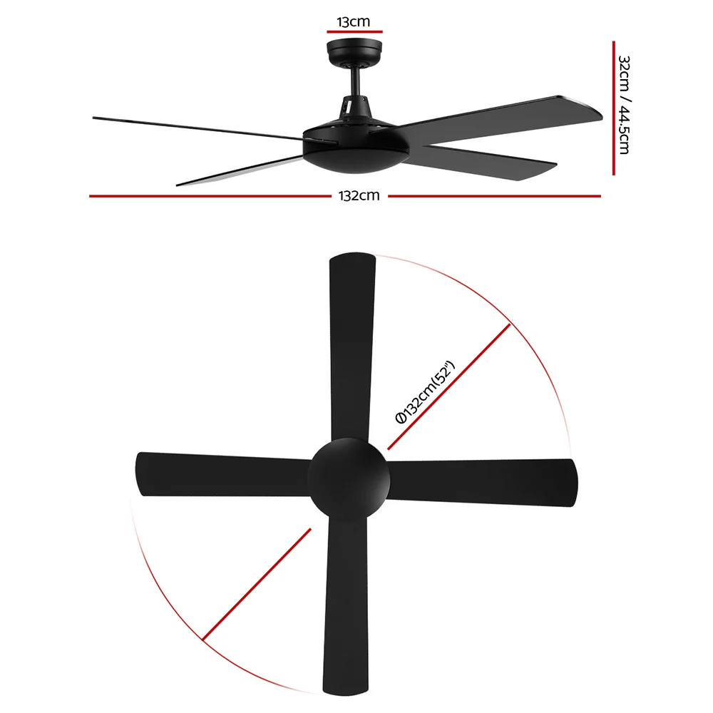 Devanti 52'' Ceiling Fan AC Motor 4 Blades w/Remote - Black - Image 2