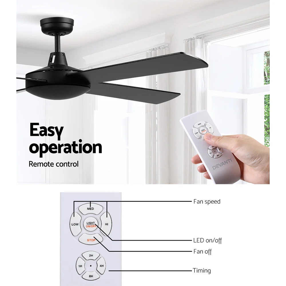 Devanti 52'' Ceiling Fan AC Motor 4 Blades w/Remote - Black - Image 4