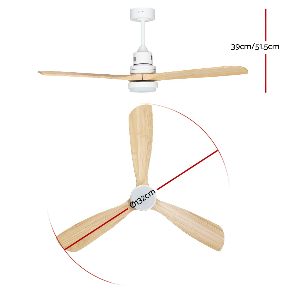 Devanti 52'' Ceiling Fan AC Motor LED Light Remote - Light Wood - Image 2
