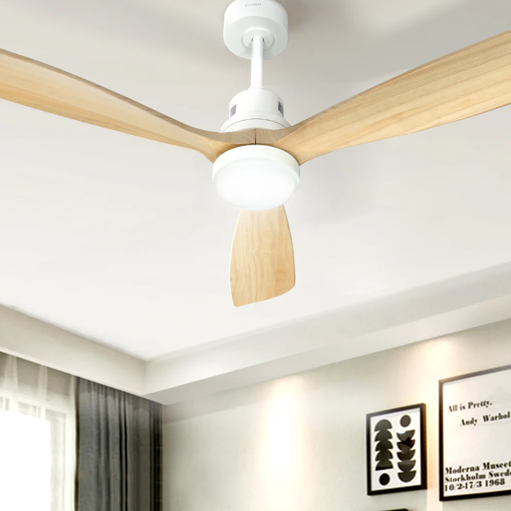Devanti 52'' Ceiling Fan AC Motor LED Light Remote - Light Wood - Image 4