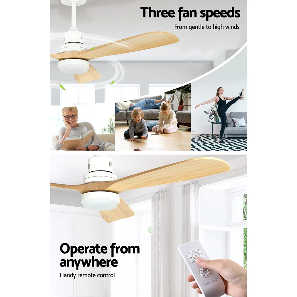 Devanti 52'' Ceiling Fan AC Motor LED Light Remote - Light Wood - Image 5