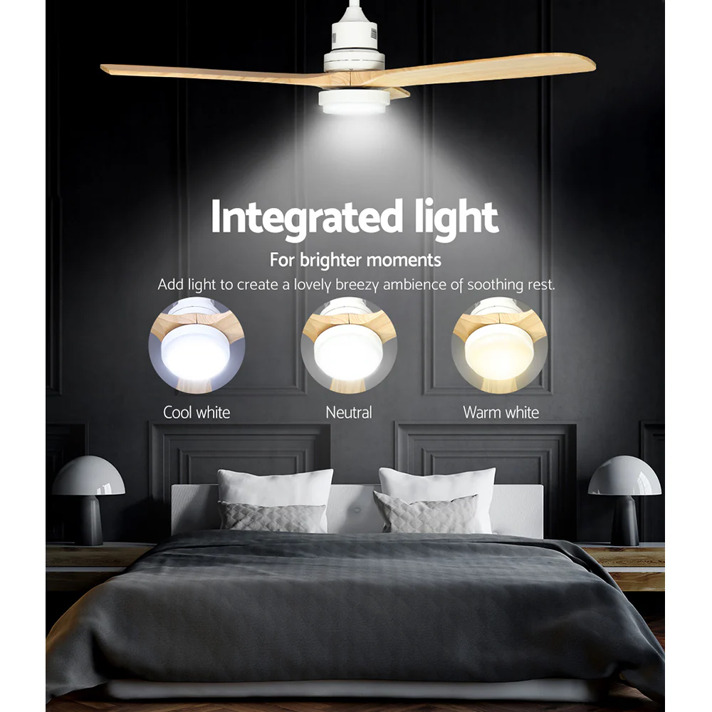 Devanti 52'' Ceiling Fan AC Motor LED Light Remote - Light Wood - Image 6