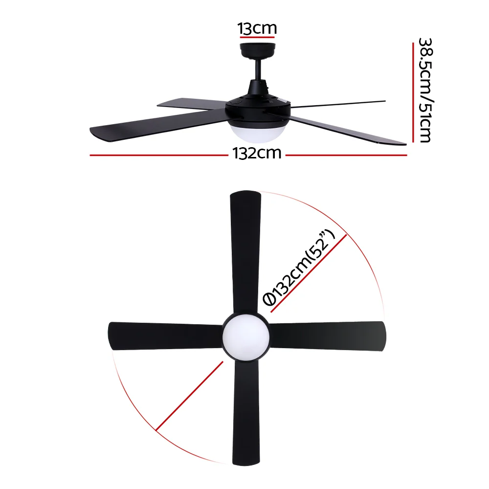 Devanti 52'' Ceiling Fan AC Motor w/Light w/Remote - Black - Image 2