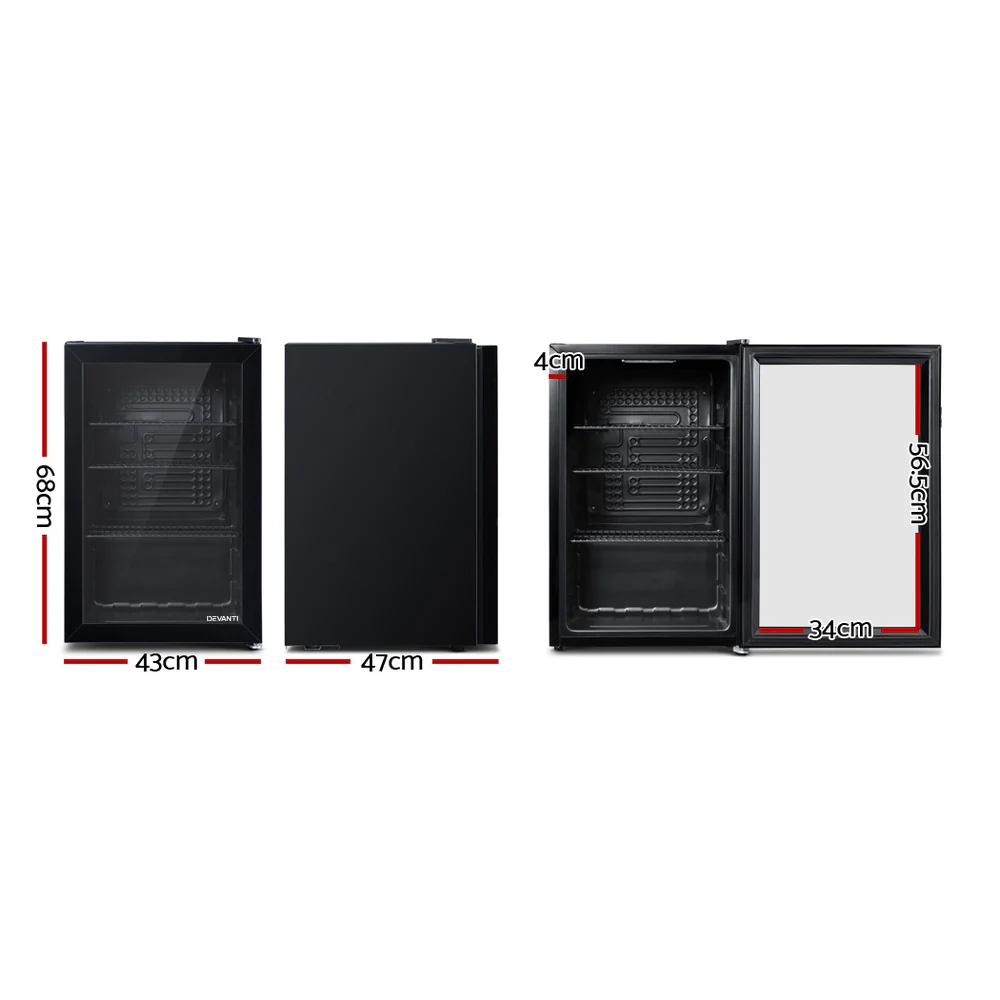 Devanti 70L Bar Fridge Glass Door w/Light Black - Image 2