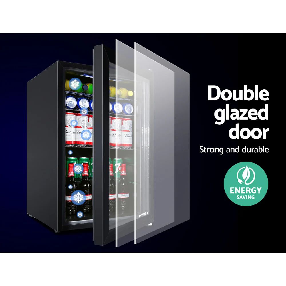 Devanti 70L Bar Fridge Glass Door w/Light Black - Image 4