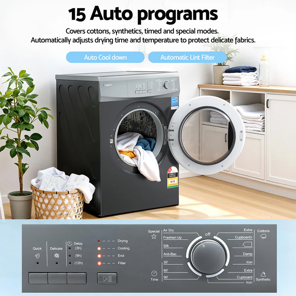 Devanti 7kg Tumble Dryer Vented 15 Auto Programs - Grey - Image 6