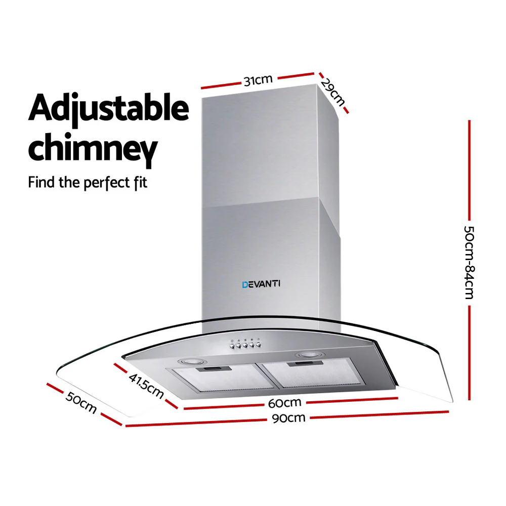 Devanti 900mm Range Hood 90cm Rangehood Glass Canopy - Image 2