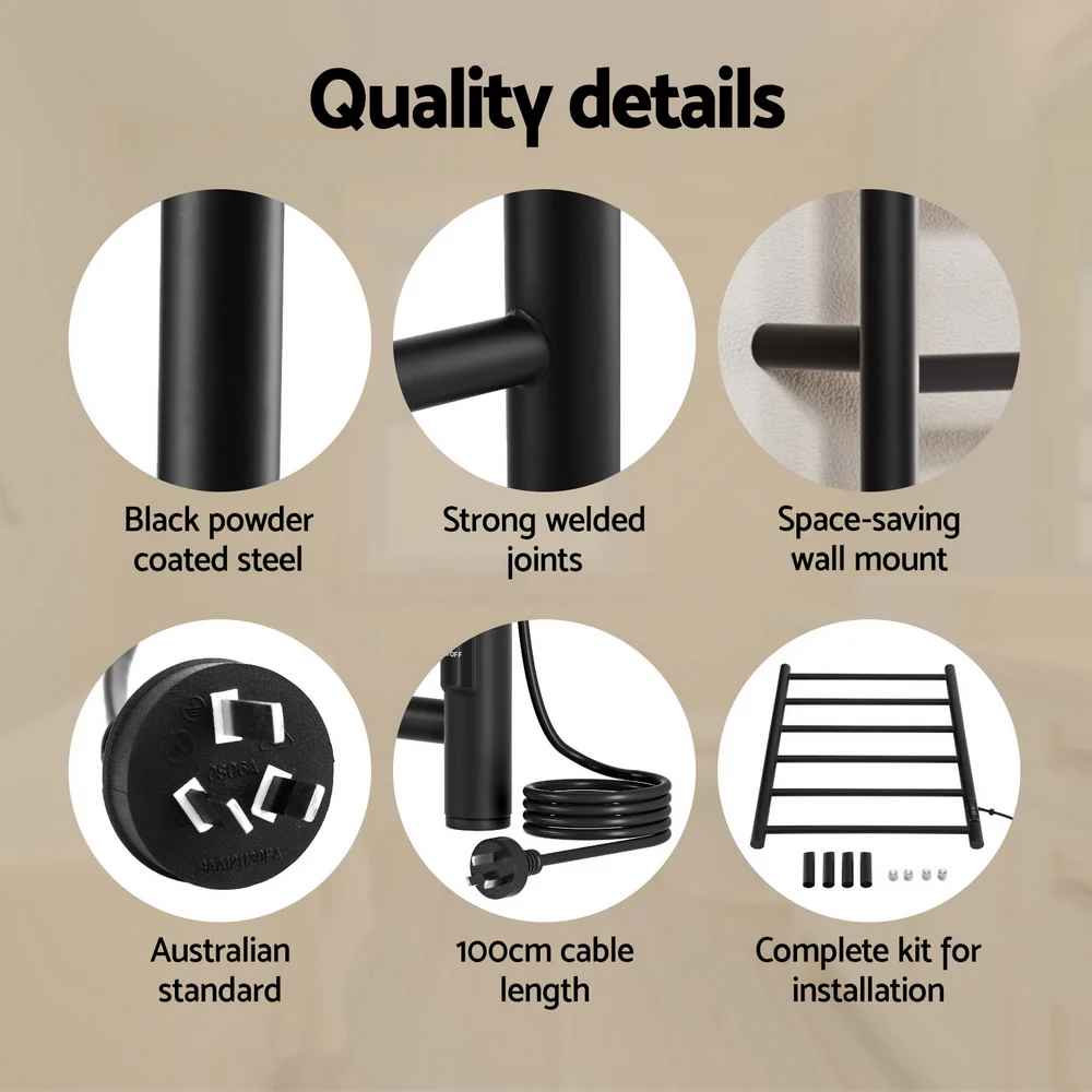 Devanti Heated Towel Rail 6 Round Bars with Timer Electric Heater Warmer Rack - Image 6