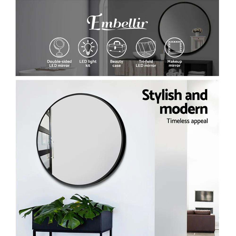 Embellir 2 Wall Mirror Makeup 70cm Home Decor Framed Mirrors Bathroom Round Black - Image 4