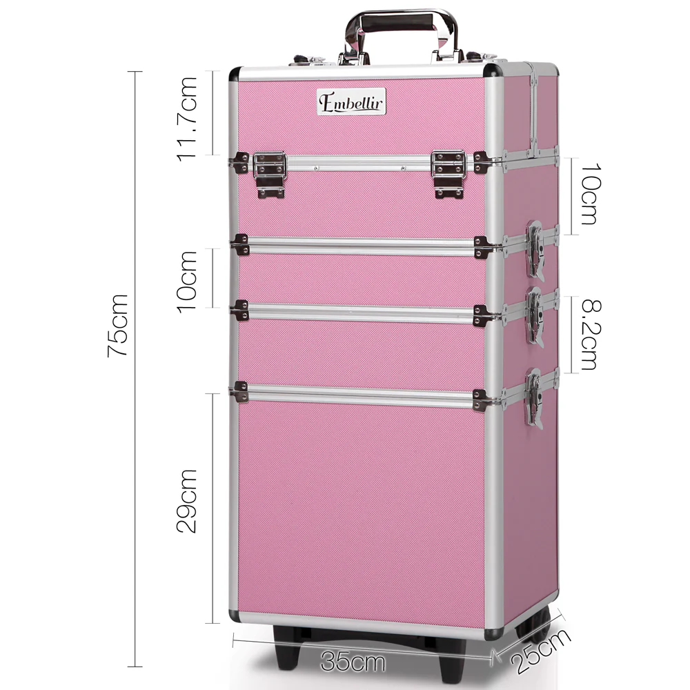 Embellir Makeup Case Beauty Trolley Cosmetic Organiser Box Travel Wheels Pink - Image 2