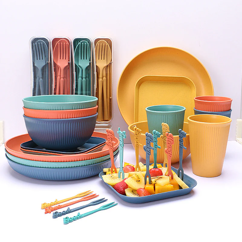 Four-person Set Orange Eco-Friendly Wheat Straw Dinnerware Set, Plate, Bowl, Cup & Utensil Set - Lightweight, Reusable, and Durable for Home, School, and Travel - Image 5