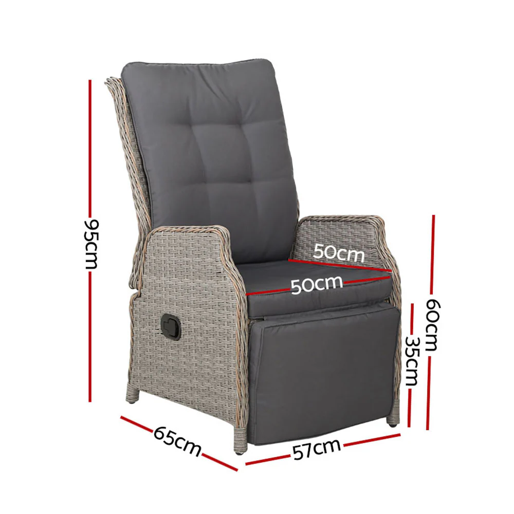 Gardeon 2PC Recliner Chairs Sun lounge Wicker Lounger Outdoor Furniture Adjustable Grey - Image 2
