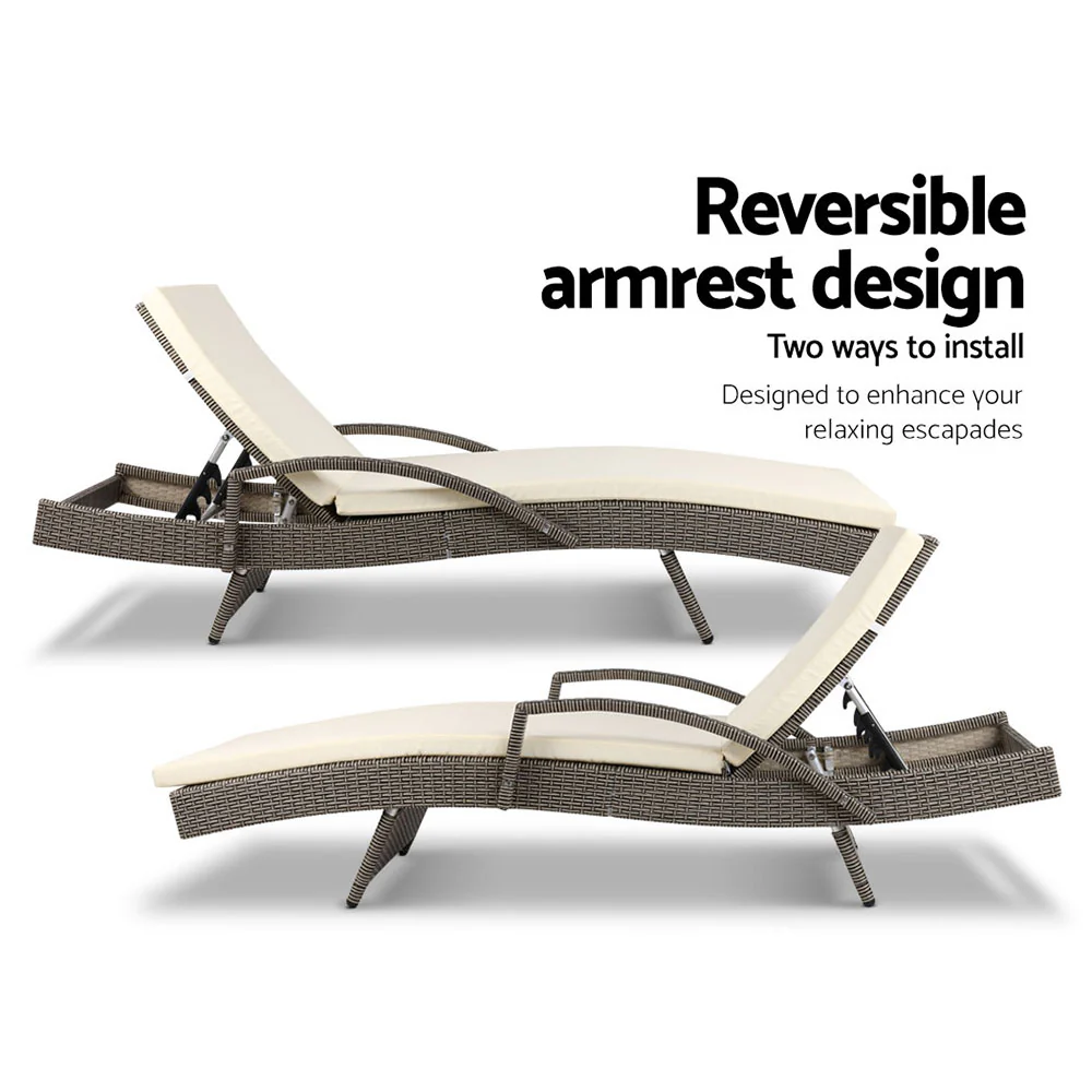 Gardeon 2PC Sun Lounge Wicker Lounger Outdoor Furniture Beach Chair Adjustable Cushion Grey&Beige - Image 6
