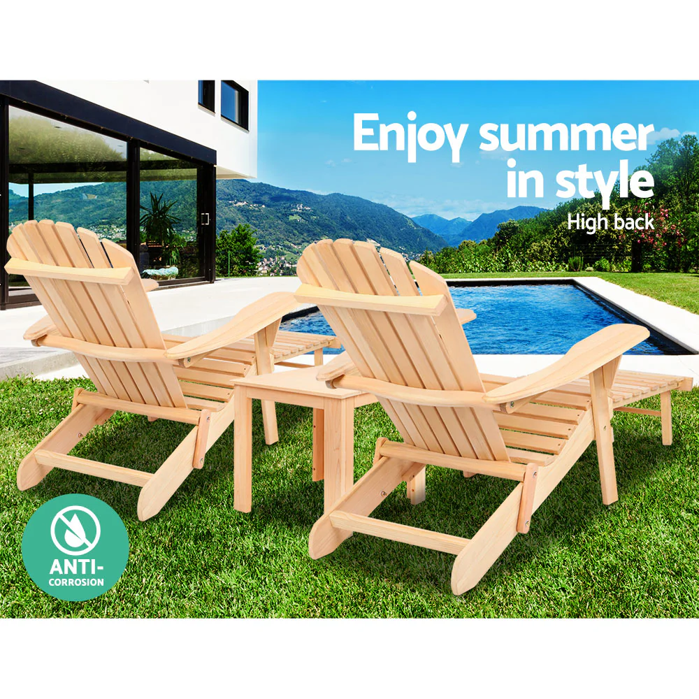 Gardeon 3PC Adirondack Outdoor Table and Chairs? Wooden Sun Lounge Beach Patio Natural - Image 12