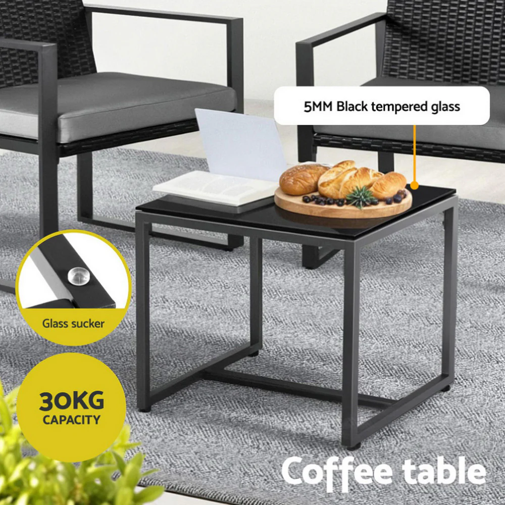 Gardeon 3PC Outdoor Bistro Set Patio Furniture Wicker Dining Chairs Table Cushion Black - Image 6