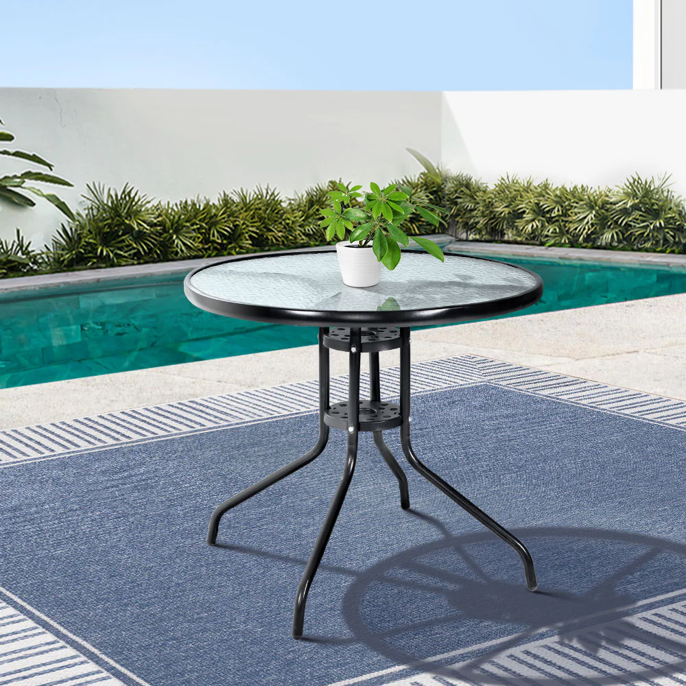 Gardeon Outdoor Bar Table Glass Cafe Table Steel Side Parasol Hole - Image 7
