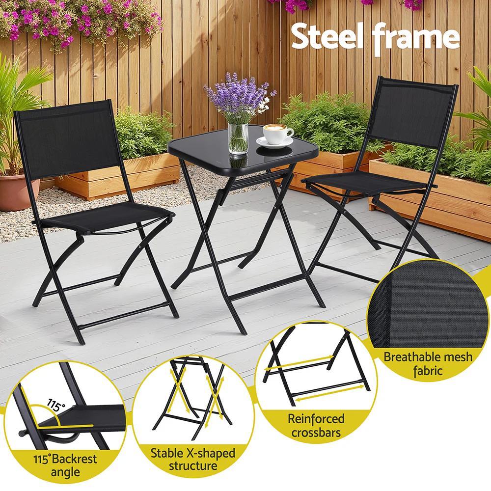 Gardeon Outdoor Bistro Set Folding Table and Chairs Patio Furniture Garden Steel Black - Image 4