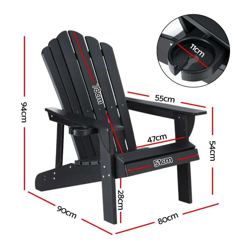 Gardeon Outdoor Chairs HDPE Adirondack Beach Chair Sun Lounge Patio Furniture Garden Black - Image 2