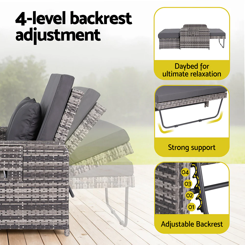 Gardeon Outdoor Day Bed Sun Lounge Setting Wicker Lounger Patio Furniture Grey - Image 6