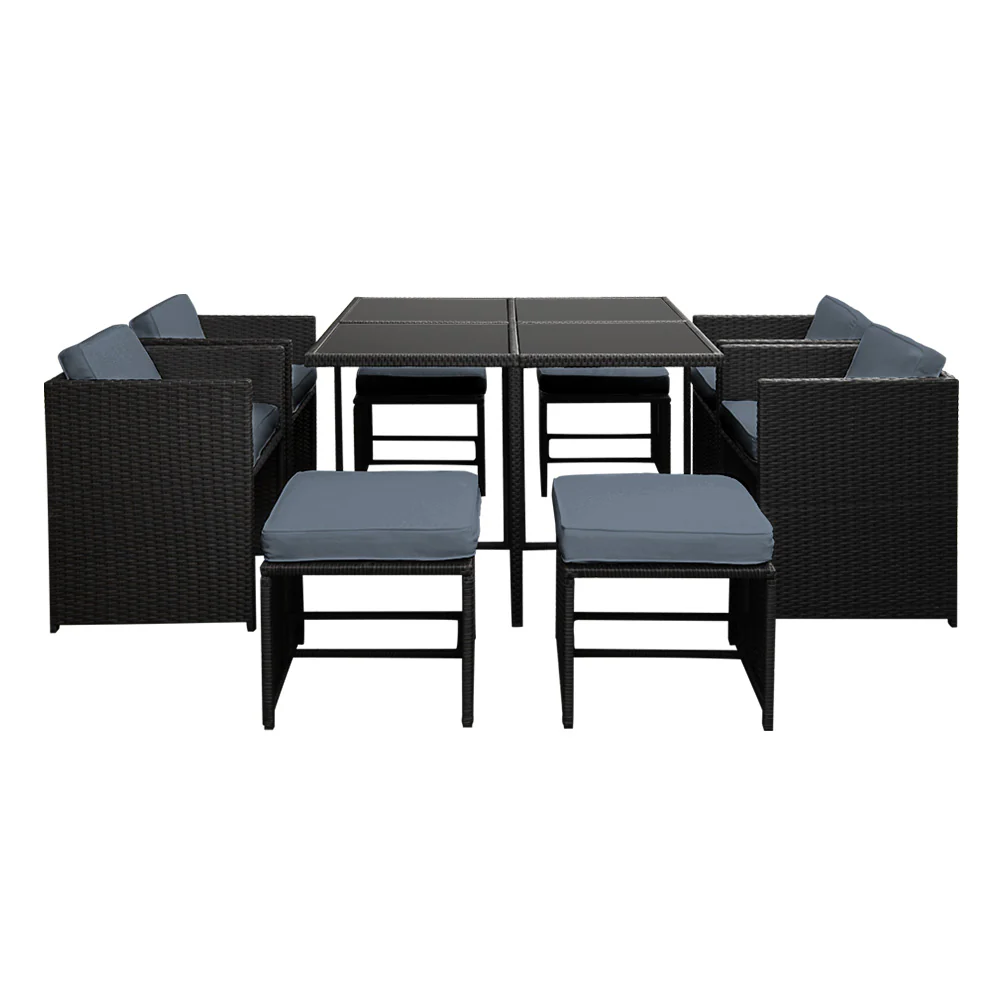 Gardeon Outdoor Dining Set 9 Piece Wicker Table Chairs Setting Black - Image 3