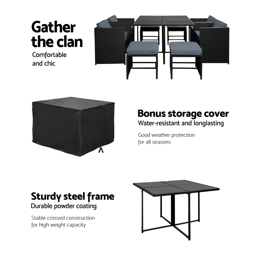 Gardeon Outdoor Dining Set 9 Piece Wicker Table Chairs Setting Black - Image 5