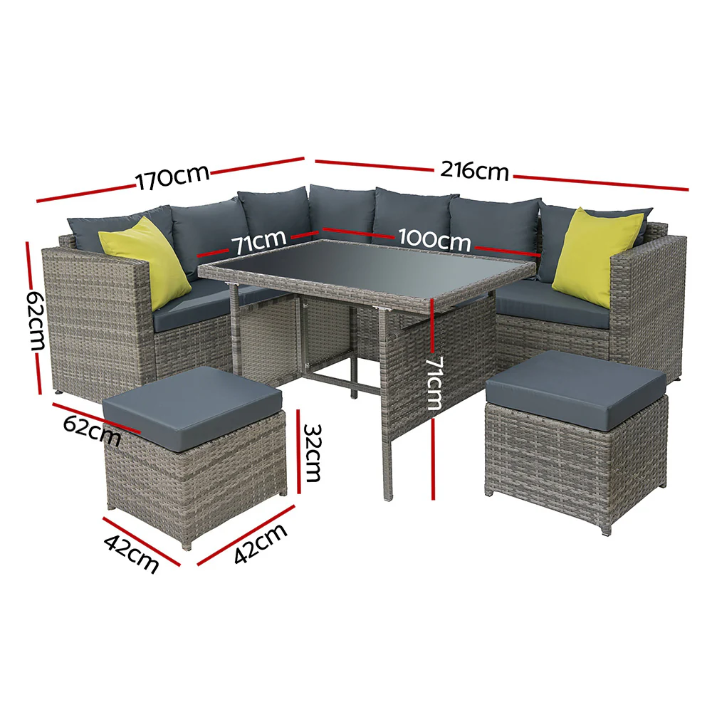 Gardeon Outdoor Dining Set Aluminum Table Chairs Wicker Setting Grey - Image 2