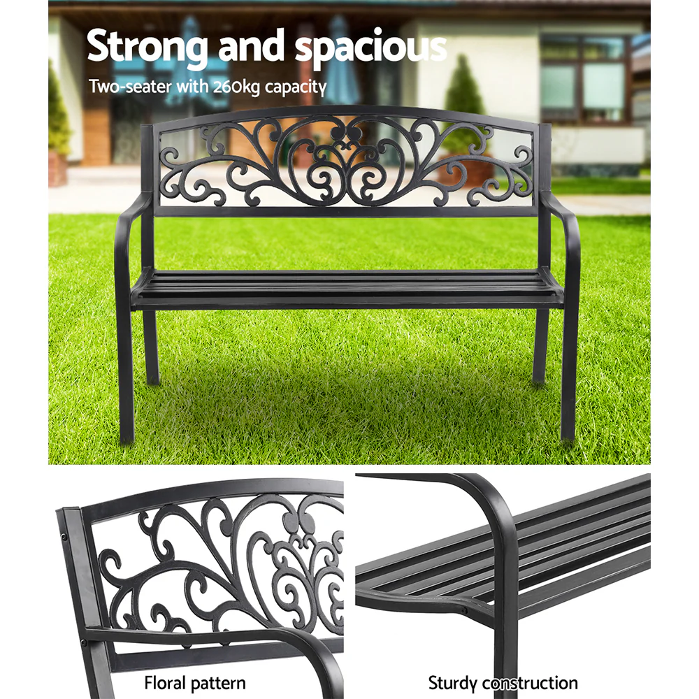 Gardeon Outdoor Garden Bench Seat Steel Outdoor Furniture 3 Seater Park Black - Image 5