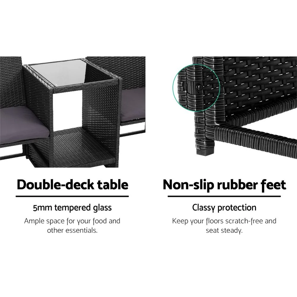Gardeon Outdoor Setting Wicker Loveseat Birstro Set Patio Garden Furniture Black - Image 7