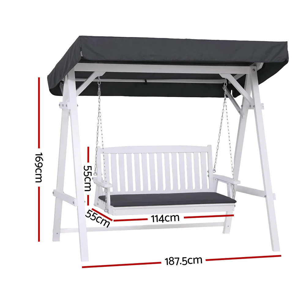 Gardeon Outdoor Wooden Swing Chair Garden Bench Canopy Cushion 3 Seater White - Image 2